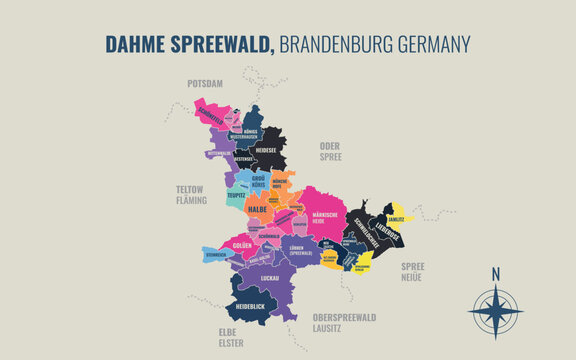 A map showing Dahme Spreewald BB Kreise into Gemeinden in a minimalist colorful style