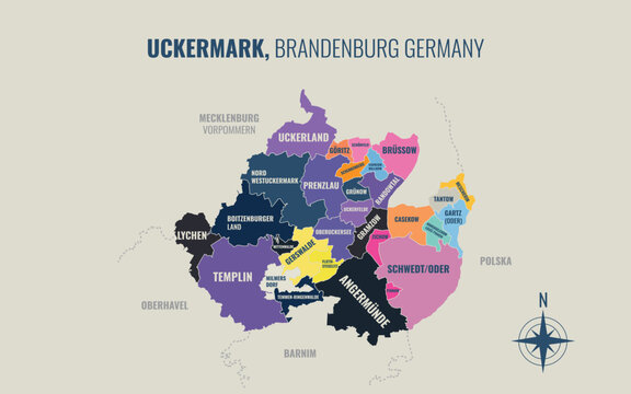 A map showing Uckermark BB Kreise into Gemeinden in a minimalist colorful style