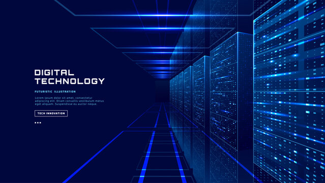 Modern data center visualization with server racks and flowing digital information streams, featuring abstract blue and green tech elements and text block placement. Digital technology vector cover