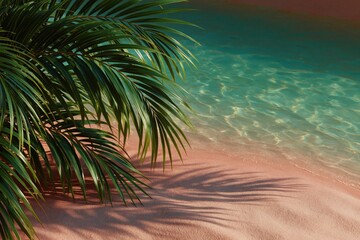Fototapeta premium Palm leaves casting shadow over clear turquoise shallows and pink sand