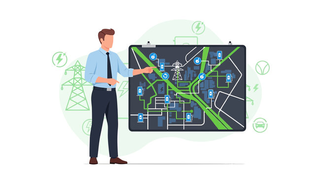Man presenting smart grid energy distribution map with renewable energy symbols