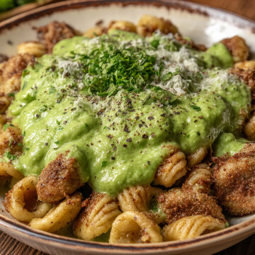Orecchiette pasta with a green pesto sauce and grated cheese italian food main course