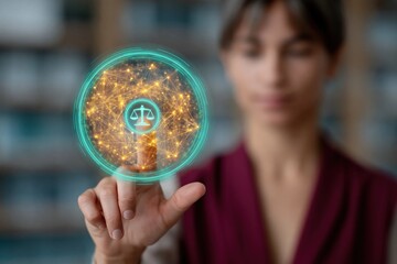Fototapeta premium Woman touching holographic justice symbol in office library
