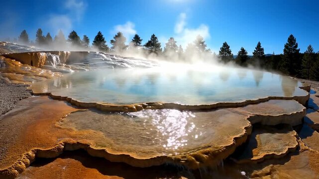 Steaming travertine terraces at Mammoth Hot Springs in Yellowstone National Park under a clear blue sky.