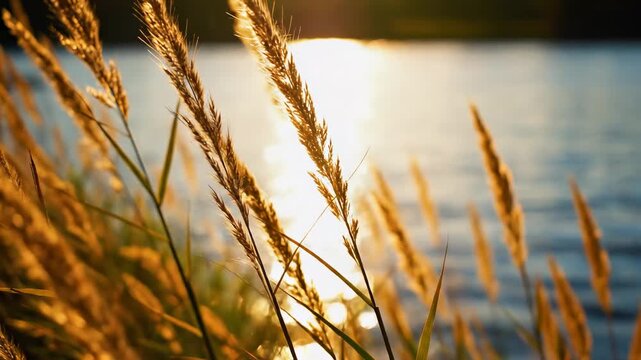 Golden sunset light reflecting on a calm lake behind wild grass in a serene nature landscape.