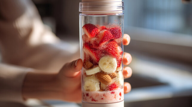 Portable blender bottle filled with fresh sliced strawberries and bananas, portable