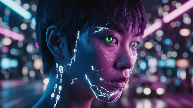 Futuristic cyberpunk portrait of a person with glowing binary code and electric circuits on their face in a neon city.