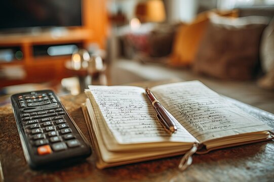 Cozy indoor workspace with open notebook, pen, and remote control in a relaxed living room setting