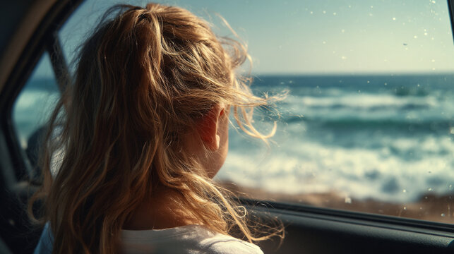 Person looking out of car window at the blue ocean waves during a road trip