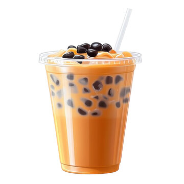 plastic cup with iced Thai milk tea isolated on transparent background .