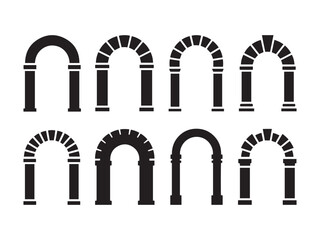 Naklejka premium Eight black silhouette architectural arches with columns and keystones