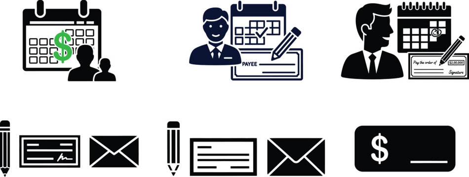 Set of black and white business icons featuring calendar paycheck and pen symbols
