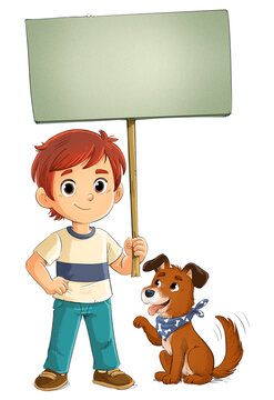 Boy and dog with a sign in their hand