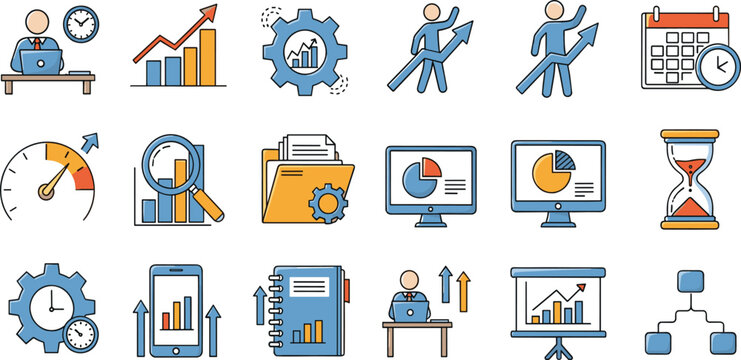 Business productivity vector icon set featuring data analytics charts time management and corporate growth symbols for dashboard design