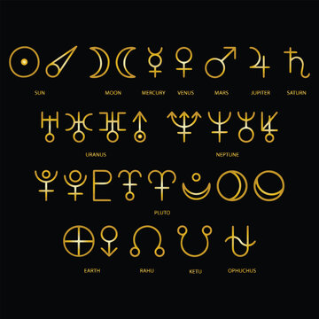 Planetary Symbols and Astrology Glyphs Collection. Golden Minimalist Icons for Sun, Moon, Mercury, Mars, Pluto, Rahu, Ketu, and Ophiuchus on Black Background. Esoteric Sacred Geometry Illustration. 
