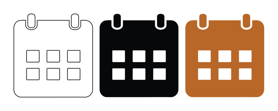 Calendar icon set, versatile black, white, and brown calendar symbols for scheduling and planning, essential graphic resource for web and app design, date management, and event organization