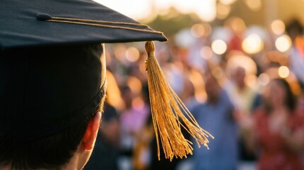 Naklejka premium Male student wearing graduation cap and gold tassel looking at blurred crowd during outdoor commencement ceremony. Academic achievement, career milestone and future success concept.