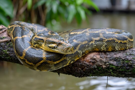 Burmese python resting on a tree branch above water