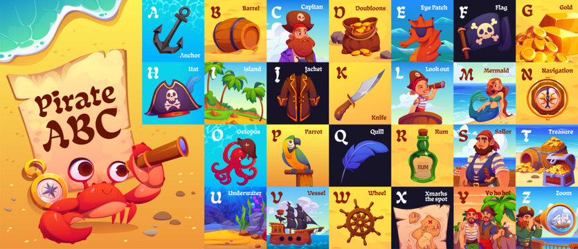 Pirate abc education flashcards, kids corsair alphabet type english letters flash cards. Cartoon pirate captain and sailor characters, corsair ship and flag, treasure map and chest abc flashcards