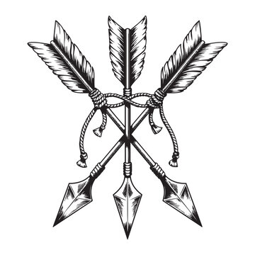 Three crossed arrows tied together with rope archery