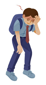 赤い顔で汗をかきながら、立ちくらみに苦しめられる男子学生のイラスト