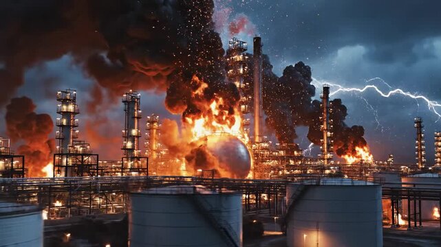Dramatic industrial fire and explosion at an oil refinery plant during the night.