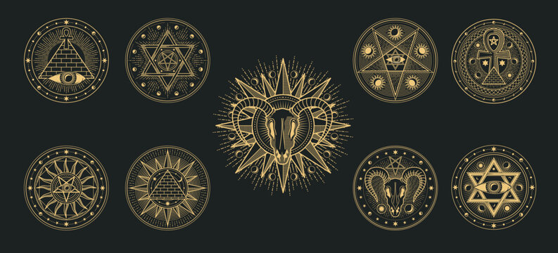 Mystical, magic and astrology occult symbols, vector esoteric tarot cards, alchemy or witch craft. Line art gold sun, moon and stars, occult demon skull, eye of providence and ankh symbols set