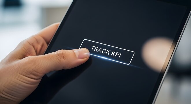 A hand interacting with a tablet interface to track the Key Performance Indicator.