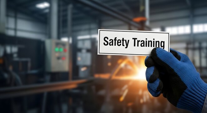 Hand holding Safety Training sign in an industrial setup for the concept of occupational safety.