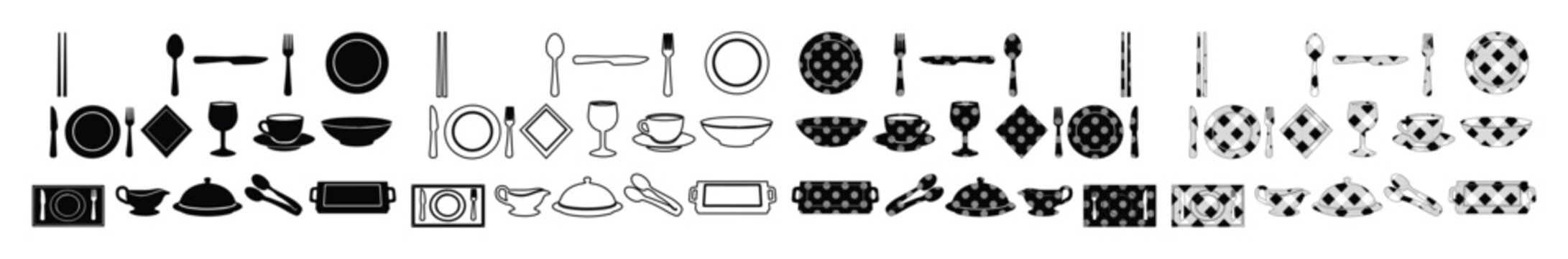 Minimalist Food and Drink Icons Collection, 40 Black and White Vector Symbols for Restaurant Menus and Hospitality Design, Modern Culinary Graphic Elements