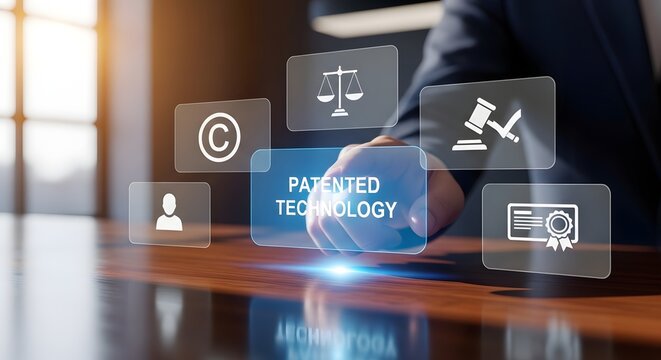 Intellectual property, a man hand interacting with digital interface concepts for legal and technology.