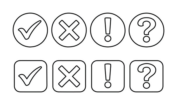 Black and white checkmark, cross, exclamation, and question mark icons. Essential UI vector symbols for web design, app interfaces, and digital feedback.