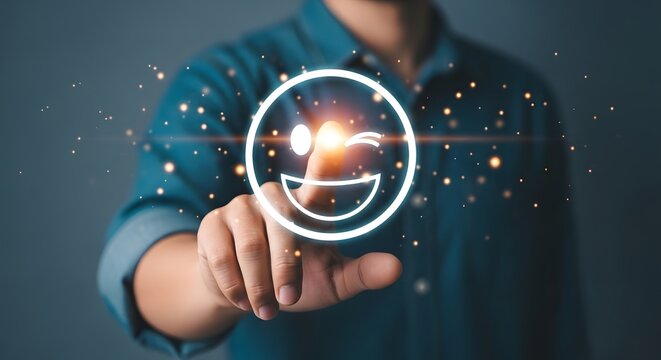 A hand touching a smiley face for the concept of satisfaction and service.