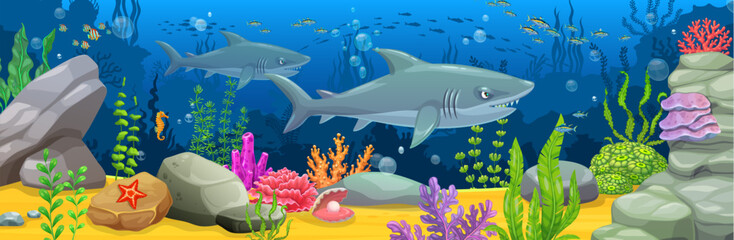 Underwater landscape game background with grey shark characters. Sea underwater vector landscape, ocean coral reef background with angry sharks cartoon character, seaweeds and corals, fish schools © Vector Tradition