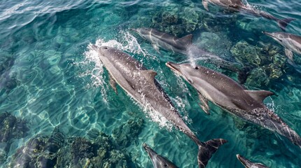 Obraz premium Group of wild dolphins swimming in clear blue tropical ocean water