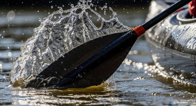 Close-up of a kayak paddle creating a splash in the water during a sunny day.