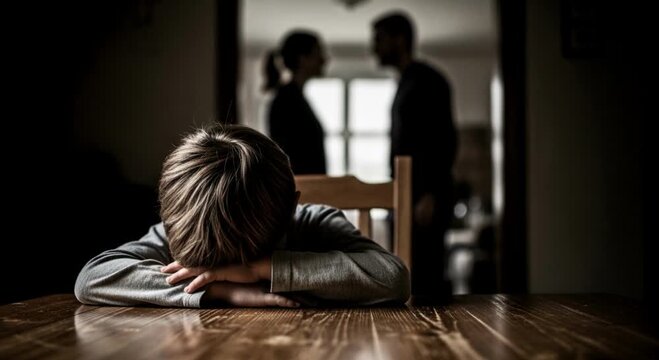 A sad child sits at a table in the foreground, emotional loneliness and vulnerability, parents quarreling in the background out of focus, a tense atmosphere of family conflict
