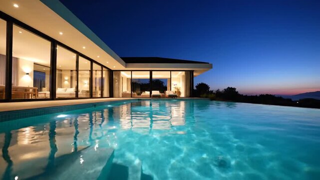Luxurious modern villa with infinity pool at twilight evening scene
