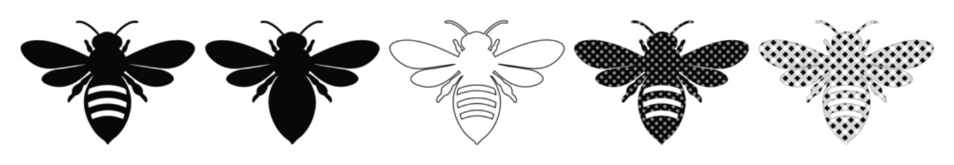 Minimalist Bee Vector Set, five distinct black and white honeybee illustrations, versatile insect icons for branding, nature designs, and eco-friendly projects © Kuch_Bhi