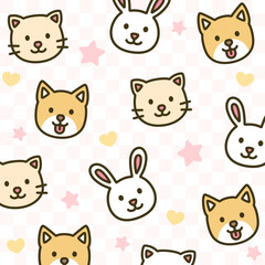 Fototapeta premium Cute pets seamless pattern. Cat, dog and rabbit with stars and hearts on pink checkered background. Sweet love theme. Seamless vector pattern.