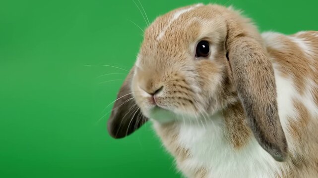 Closeup of a cute lopeared rabbit on a green background.