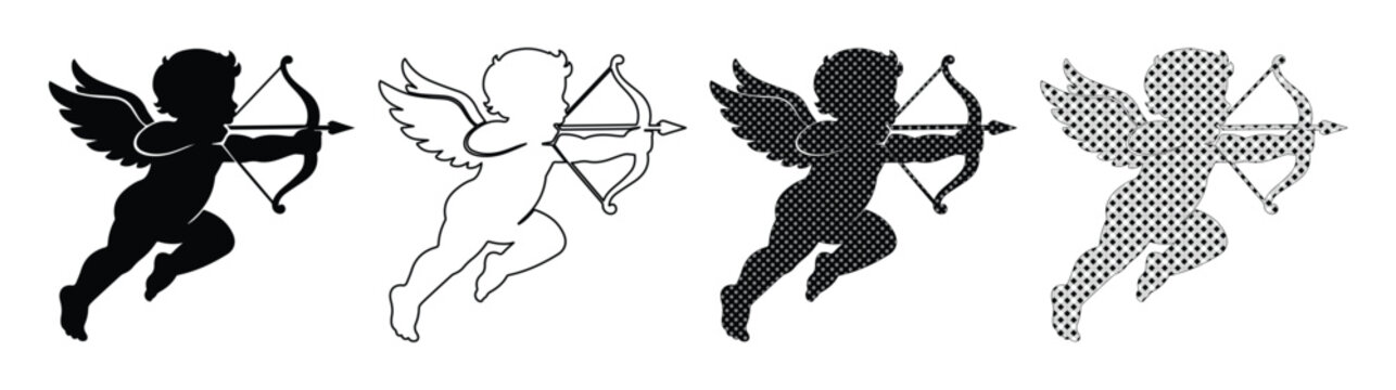 Cupid vector icon set, romantic cherub silhouette collection, love symbol graphic elements, Valentine's Day design assets, wedding invitation clip art, black and white line art