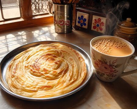Traditional Pakistani lachha paratha served with hot milk tea in cozy morning sunlight
