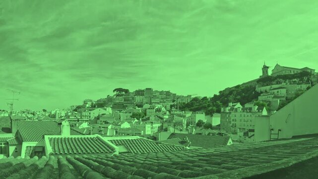 Lisbon Graca, Alfama and centre roof tops skyline time lapse, Portugal, old town. Trendy green night cam timelapse. Cathedrals, viewpoints and traditional tiles and Pombaline European architecture