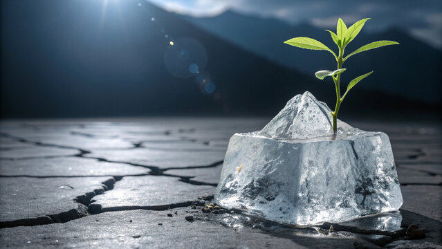 Melting mountain-shaped ice cube with seedling growing on dry cracked earth
