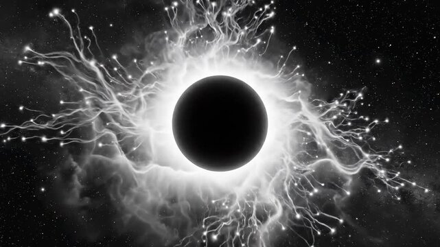 Abstract monochrome illustration of a celestial sphere emitting cosmic energy and light particles in deep space.