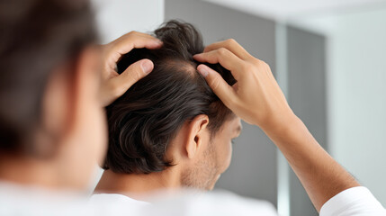 Naklejka premium Young man showing scalp and hair loss problem to doctor during trichology clinic consultation. Alopecia diagnosis, hair thinning examination, dermatology treatment healthcare concept.