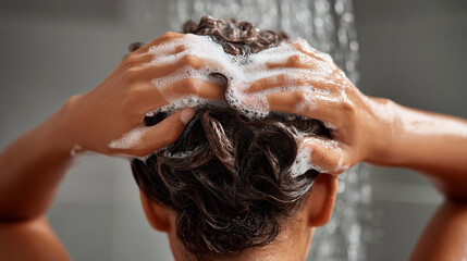 Fototapeta premium Person massaging foamy medicated shampoo into wet curly hair under shower. Alopecia treatment, therapeutic scalp care washing routine, trichology hair loss remedy healthcare concept.