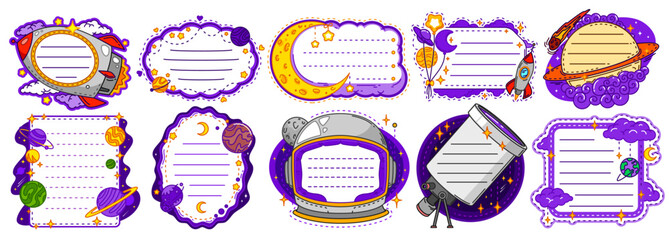 Space and galaxy kids memo note frames by outer space and astronomy. Memo borders with galactic stars, planets, space helmets and telescope, Saturn rings, shooting comets, balloon moons, rocket ship © Vector Tradition