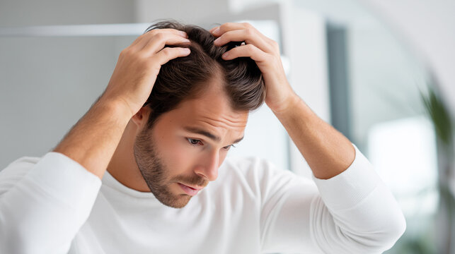 Worried young man checking thinning hairline and scalp parting with both hands. Alopecia early symptom, male hair loss concern, trichology treatment and dermatology healthcare concept.